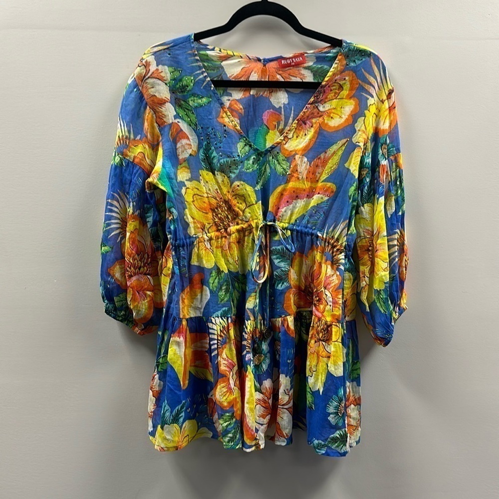 Ruby Yaya Cotton Tunic Top Sz XS Drawstring Waist Colorful Tropical Resortwear